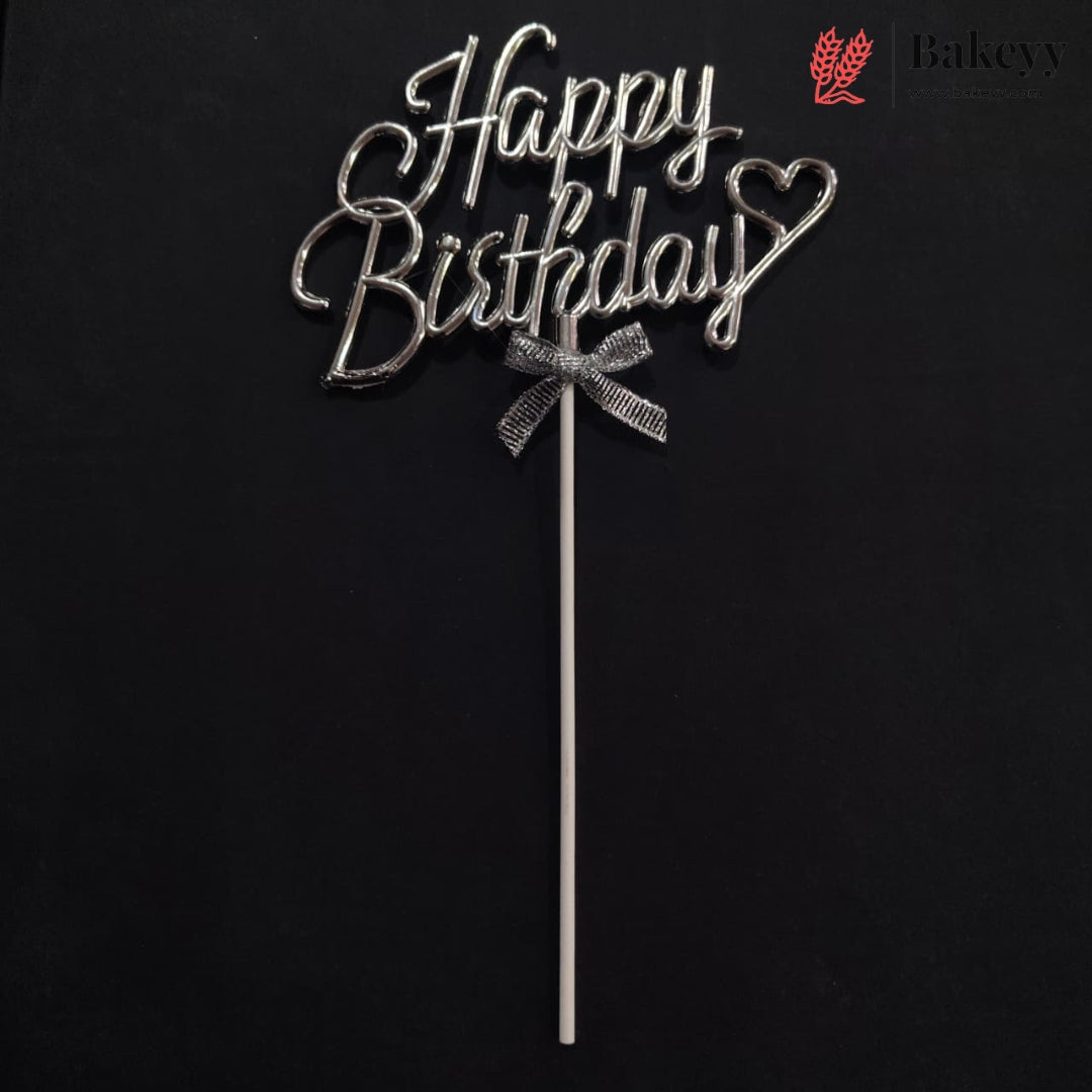8.5 Inch | Metallic Silver Happy Birthday Cake Topper with Ribbon | Metallic Silver | 1 Piece