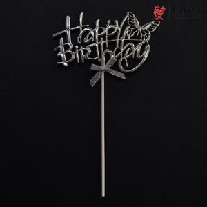 8.5 Inch | Metallic Silver Happy Birthday Cake Topper with Ribbon | Metallic Silver | 1 Piece