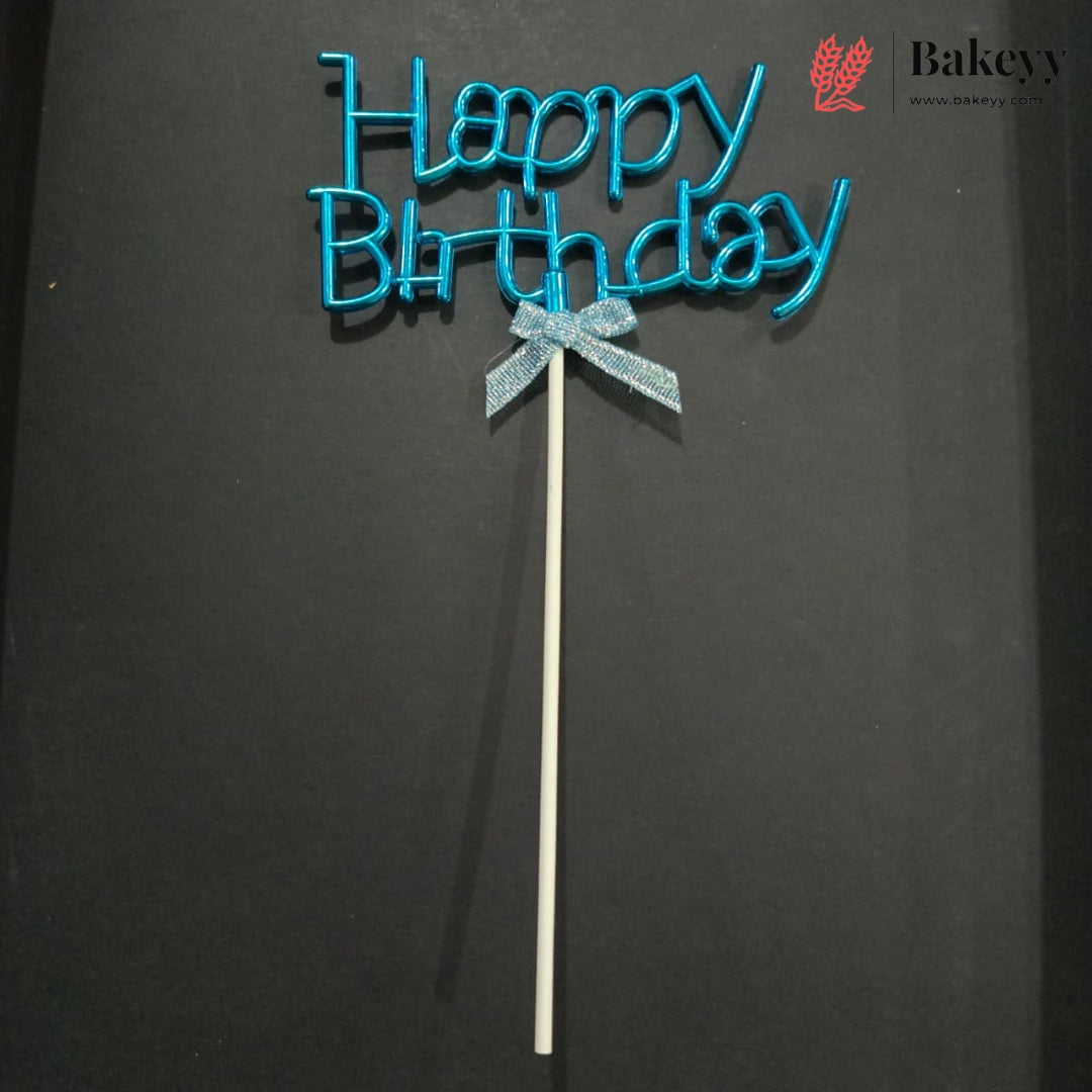 8.5 Inch | Metallic Blue Happy Birthday Cake Topper with Ribbon | Metallic Blue | 1 Piece