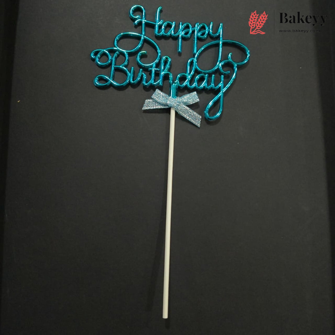 8.5 Inch | Metallic Blue Happy Birthday Cake Topper with Ribbon | Metallic Blue | 1 Piece