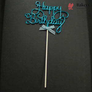 8.5 Inch | Metallic Blue Happy Birthday Cake Topper with Ribbon | Metallic Blue | 1 Piece