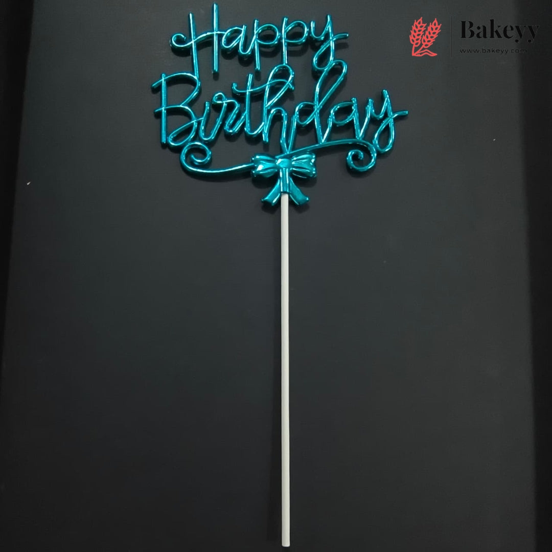 8.5 Inch | Metallic Blue Happy Birthday Cake Topper with Ribbon | Metallic Blue | 1 Piece