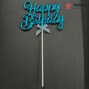 8.5 Inch | Metallic Blue Happy Birthday Cake Topper with Ribbon | Metallic Blue | 1 Piece