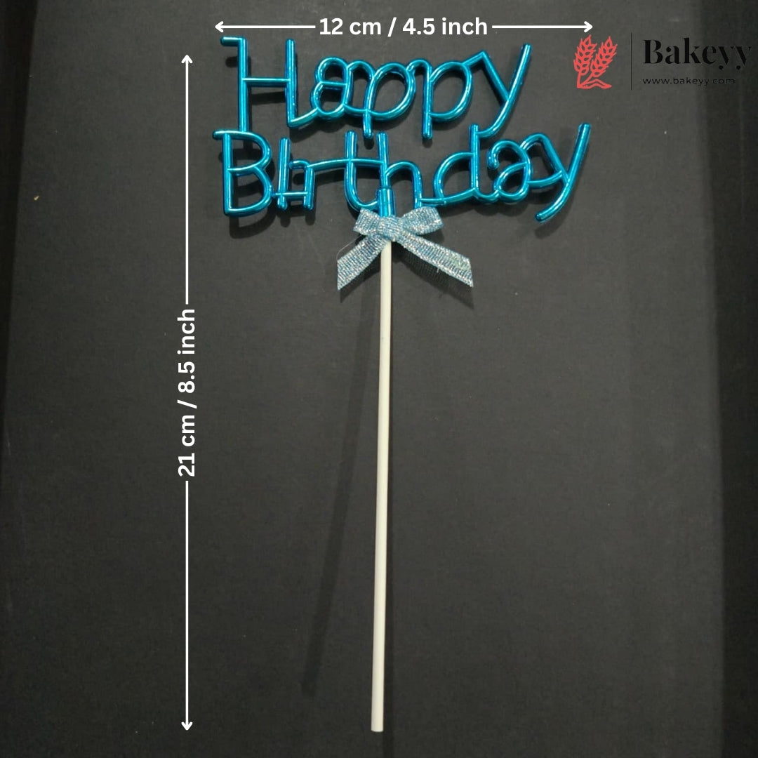 8.5 Inch | Metallic Blue Happy Birthday Cake Topper with Ribbon | Metallic Blue | 1 Piece