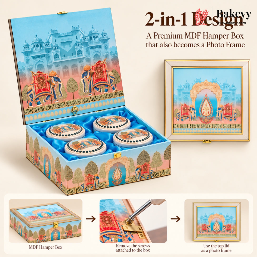 Royal Pichwai MDF Hamper Box with 4 Matka Jars | 2 Designs | Pack of 1