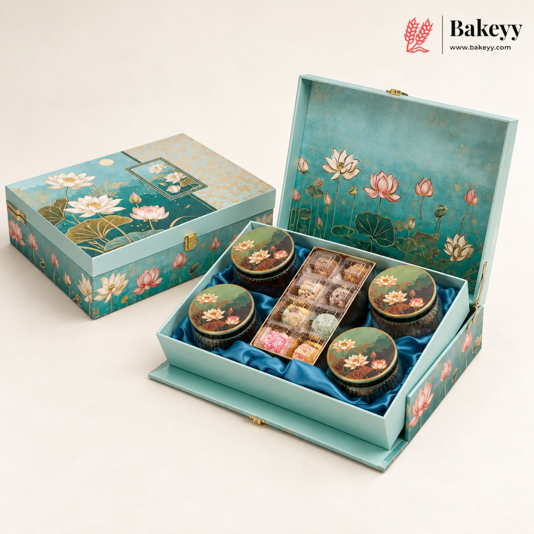 Serene Lotus Bloom MDF Lift-Up Gift Box with 4 Glass Jars & 8 Cavity Chocolate Box | Pack of 1