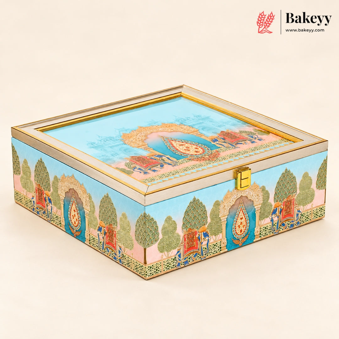 Royal Pichwai MDF Hamper Box with 4 Matka Metal Tins| 2 Designs | Pack of 1