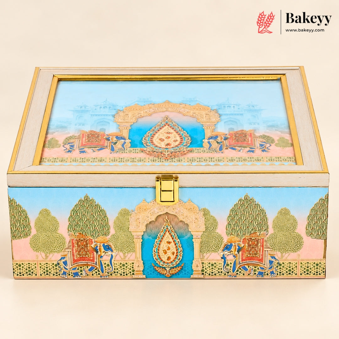 Royal Pichwai MDF Hamper Box with 4 Matka Metal Tins| 2 Designs | Pack of 1