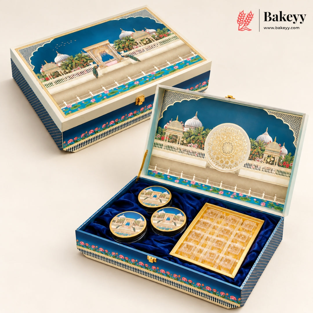 Pichwai Palace MDF Hamper Box with 3 Jars & 12-Golden Chocolate Cavity | Pack of 1