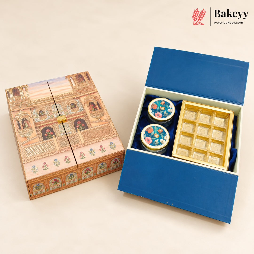 Embossed MDF Hamper Box with 2 Jars & 12-Golden Chocolate Cavity | 2 Designs | Pack of 1