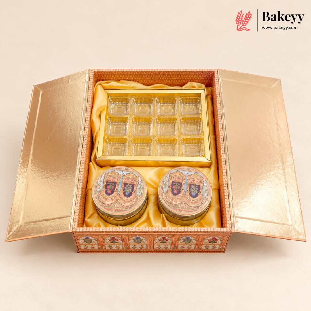 Embossed MDF Hamper Box with 2 Jars & 12-Golden Chocolate Cavity | 2 Designs | Pack of 1