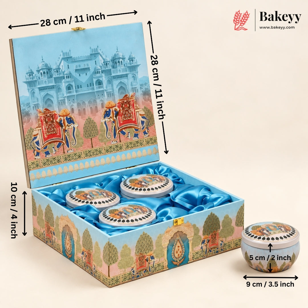 Royal Pichwai MDF Hamper Box with 4 Matka Jars | 2 Designs | Pack of 1