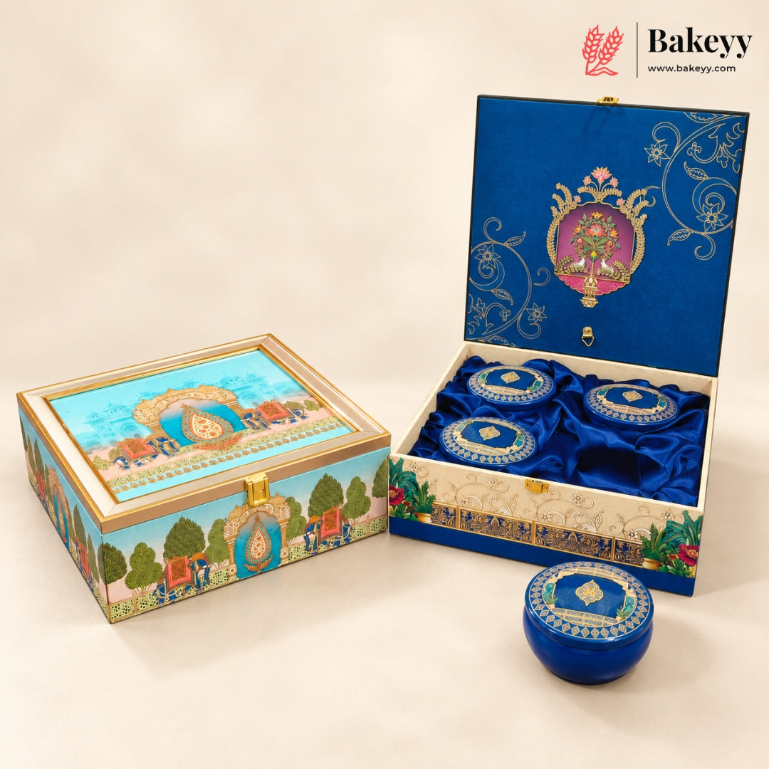 Royal Pichwai MDF Hamper Box with 4 Matka Jars | 2 Designs | Pack of 1