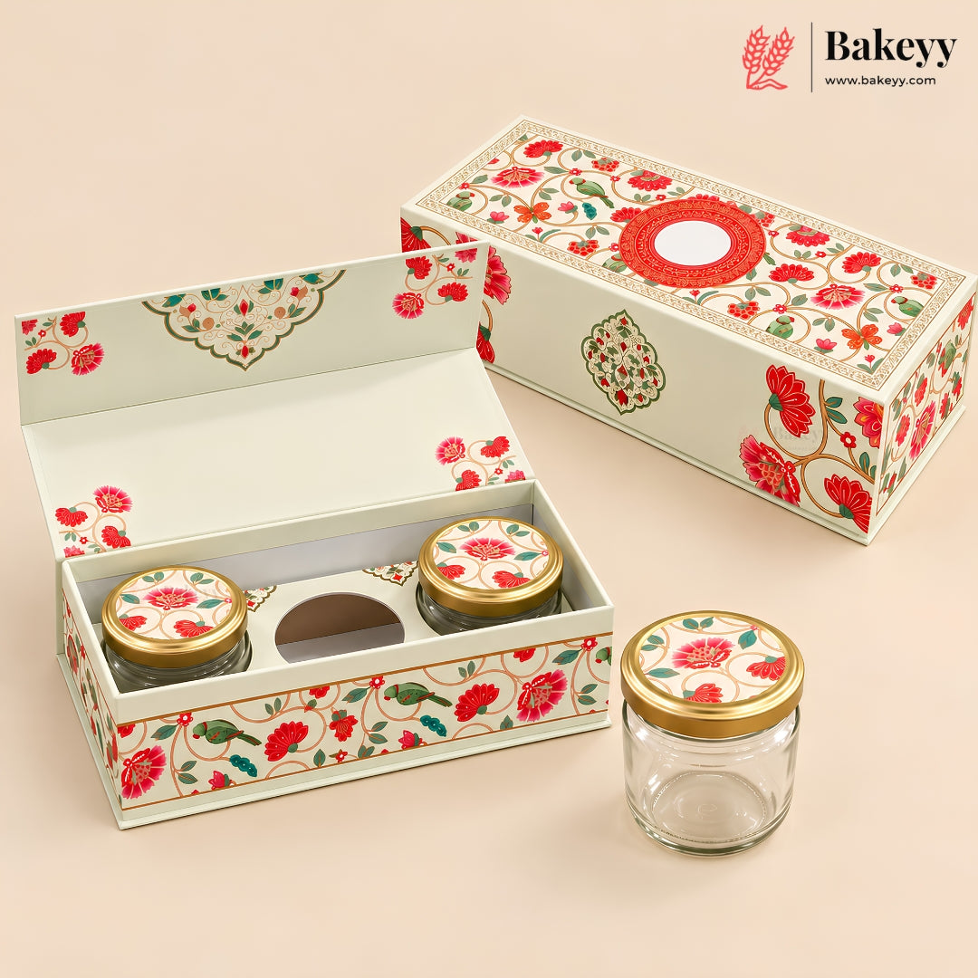 Floral Embossed MDF Hamper Box with 3 Glass Jars & Magnetic Lock | Pack of 1