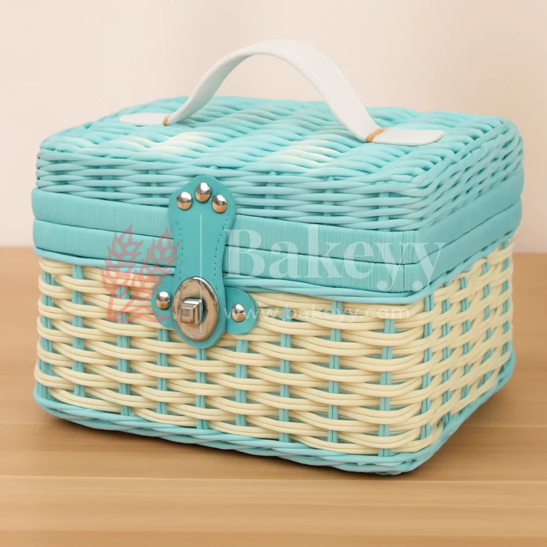 21x18x15 cm | Handmade Aqua Blue Wicker Storage Basket | 1 Piece
