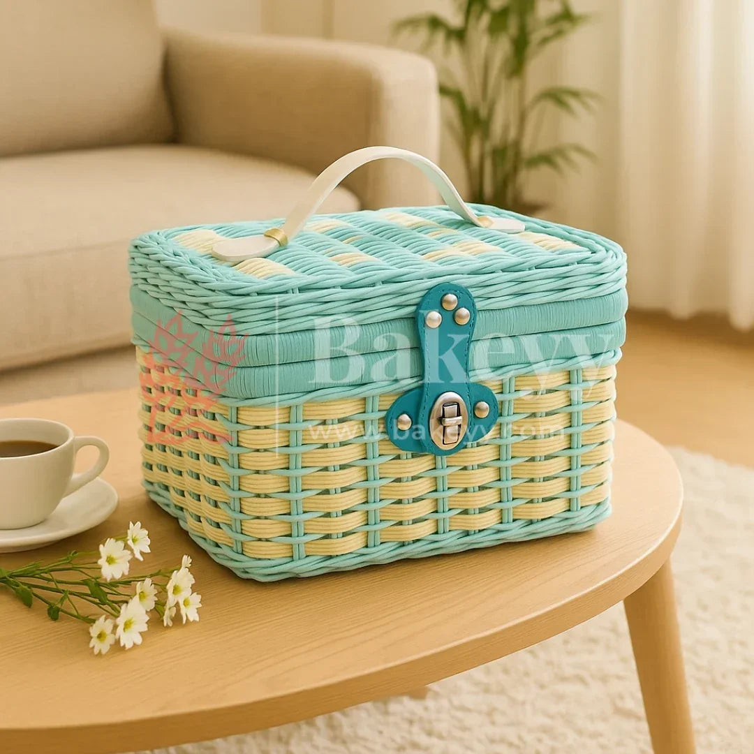 21x18x15 cm | Handmade Aqua Blue Wicker Storage Basket | 1 Piece - Bakeyy.com - India - 21x18x15 cm | Handmade Aqua Blue Wicker Storage Basket | 1 Piece - Default Title