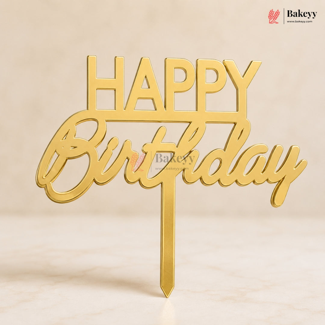 Gold Acrylic Happy Birthday Cake Topper | Laser Cut Cake Decoration | Pack of 1
