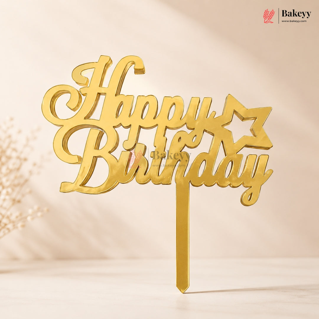 Gold Acrylic Happy Birthday Cake Topper | Laser Cut Cake Decoration | Pack of 1