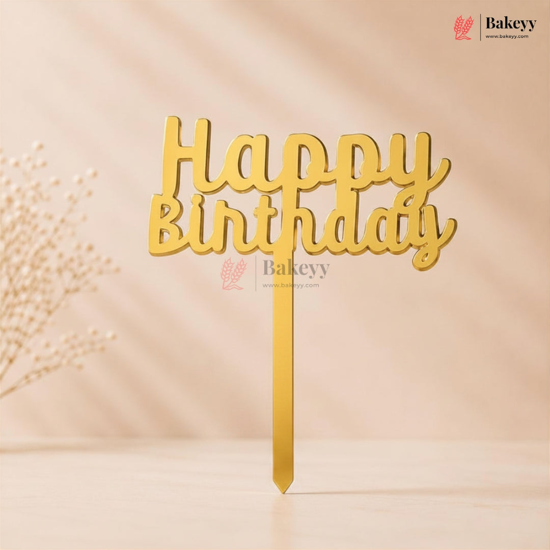 Gold Acrylic Happy Birthday Cake Topper | Laser Cut Cake Decoration | Pack of 1
