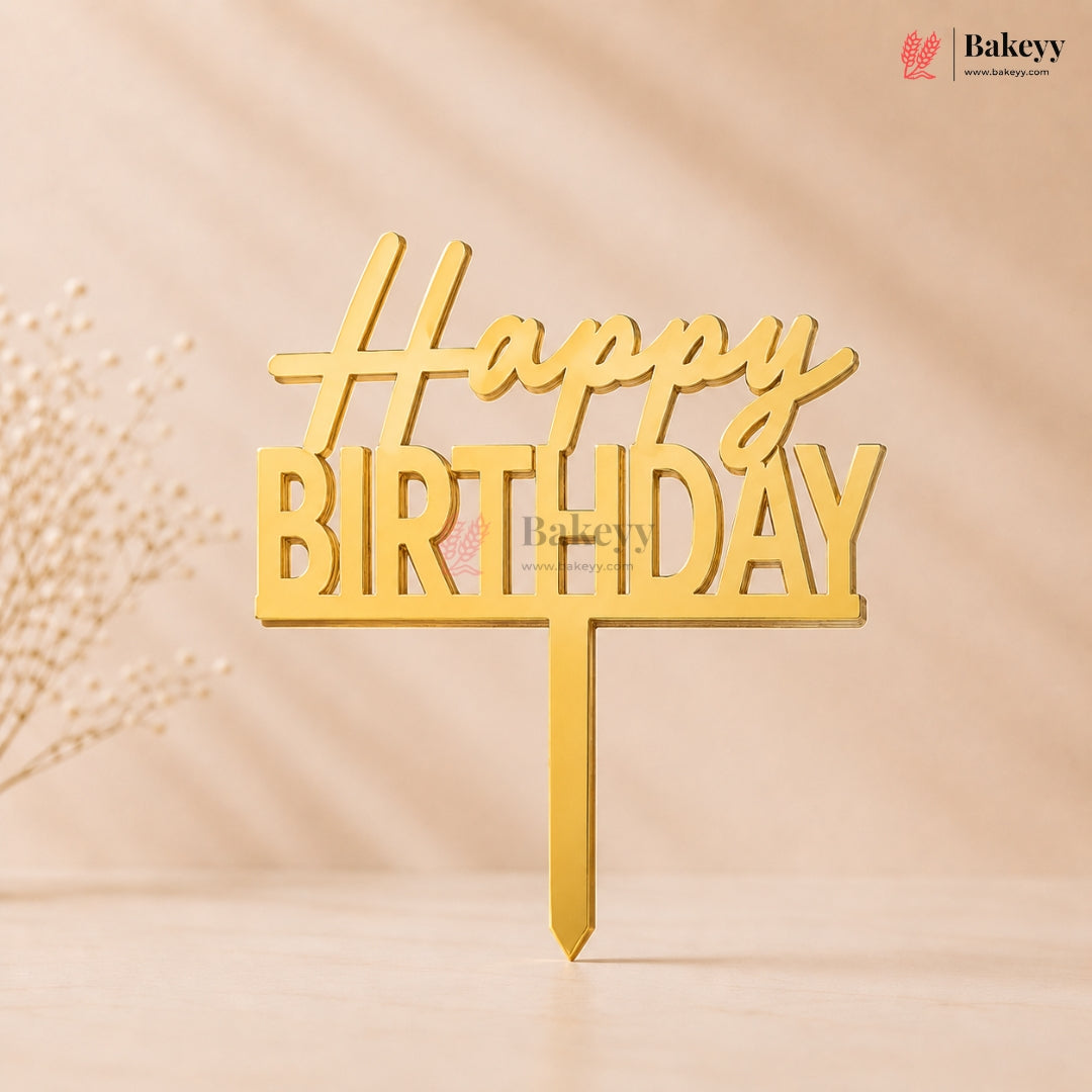 Gold Acrylic Happy Birthday Cake Topper | Laser Cut Cake Decoration | Pack of 1