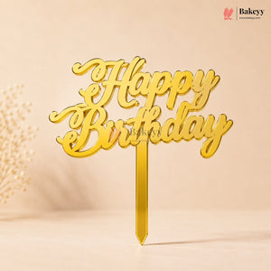 Gold Acrylic Happy Birthday Cake Topper | Laser Cut Cake Decoration | Pack of 1