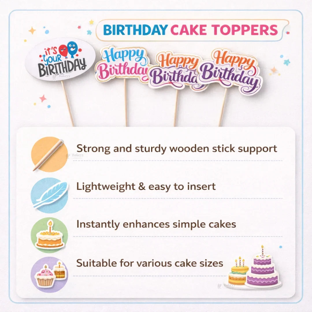 Happy Birthday Cake Toppers | Multiple Design Options with Wooden Stick | Pack of 50