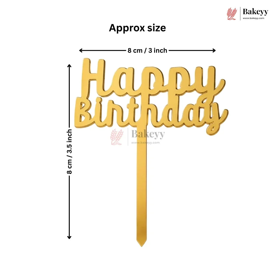 Gold 'Happy Birthday' cake topper with dimensions on a white background