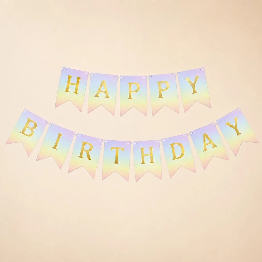 Pastel-colored 'Happy Birthday' banner with gold letters on a beige background