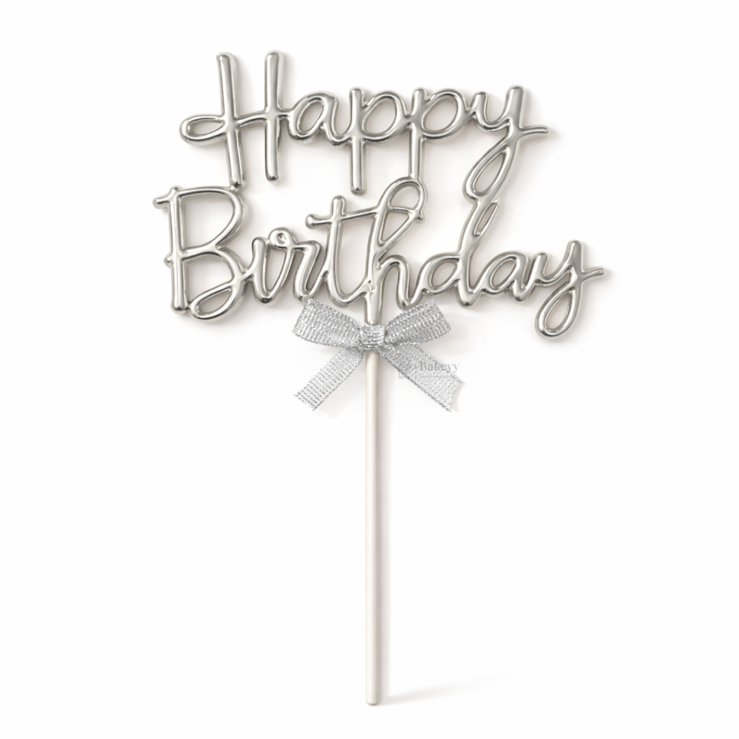 8.5 Inch | Metallic Silver Happy Birthday Cake Topper with Ribbon | Metallic Silver | 1 Piece