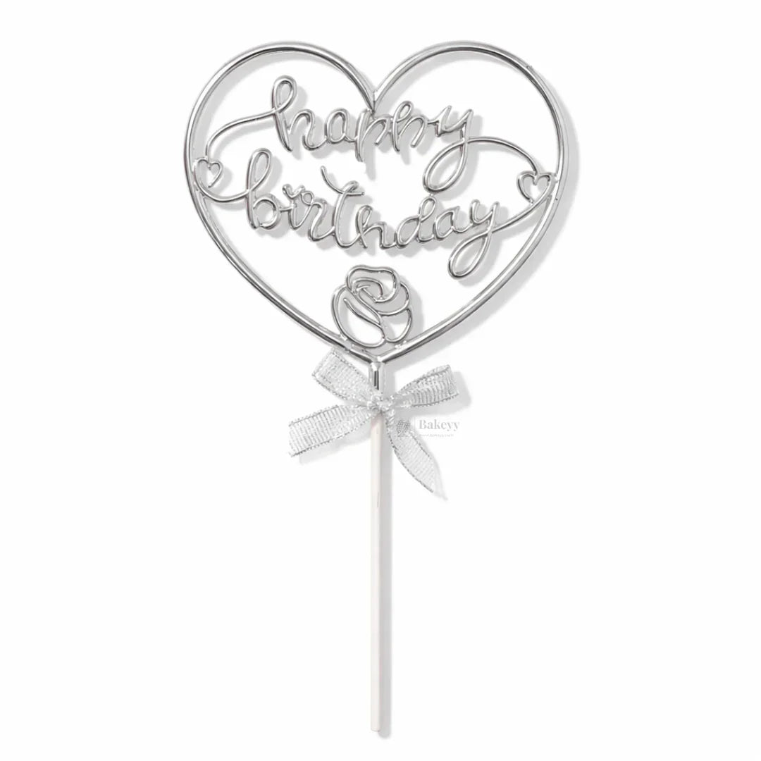 8.5 Inch | Metallic Silver Happy Birthday Cake Topper with Ribbon | Metallic Silver | 1 Piece