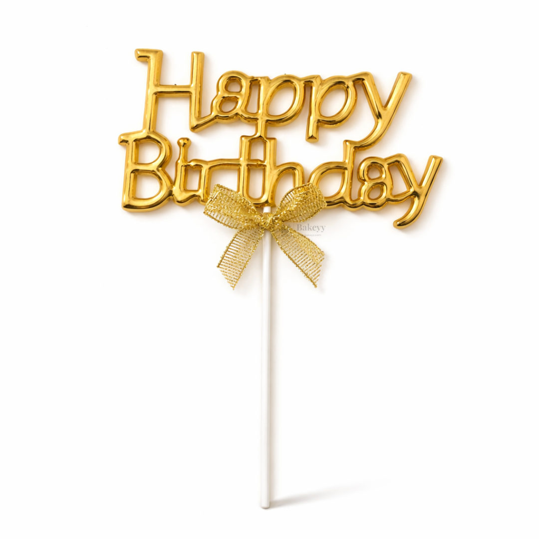 8.5 Inch | Metallic Gold Happy Birthday Cake Topper with Ribbon | Metallic Gold | 1 Piece