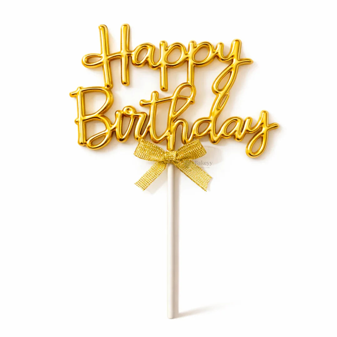 8.5 Inch | Metallic Gold Happy Birthday Cake Topper with Ribbon | Metallic Gold | 1 Piece