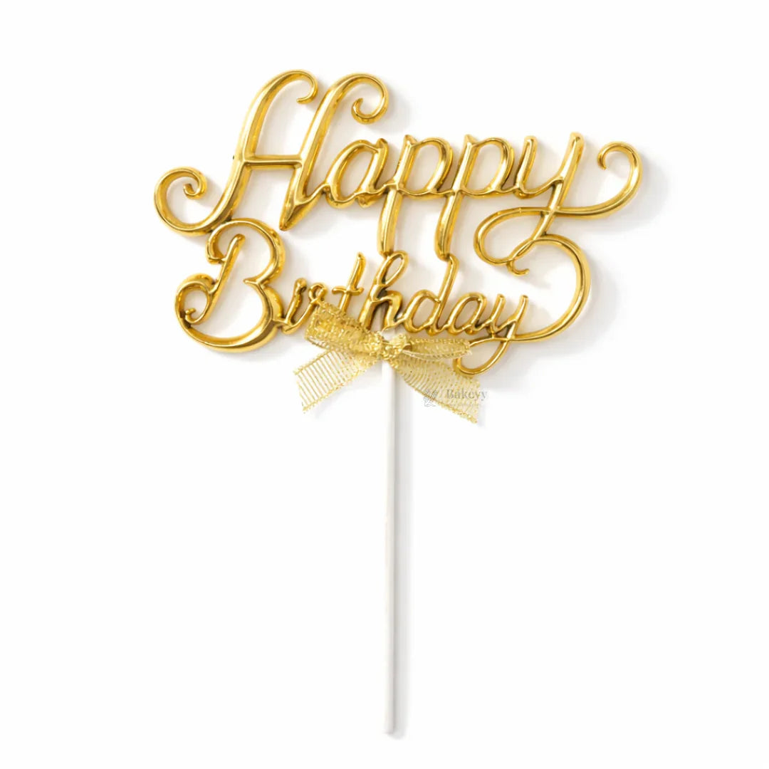 8.5 Inch | Metallic Gold Happy Birthday Cake Topper with Ribbon | Metallic Gold | 1 Piece