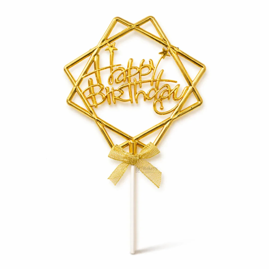8.5 Inch | Metallic Gold Happy Birthday Cake Topper with Ribbon | Metallic Gold | 1 Piece