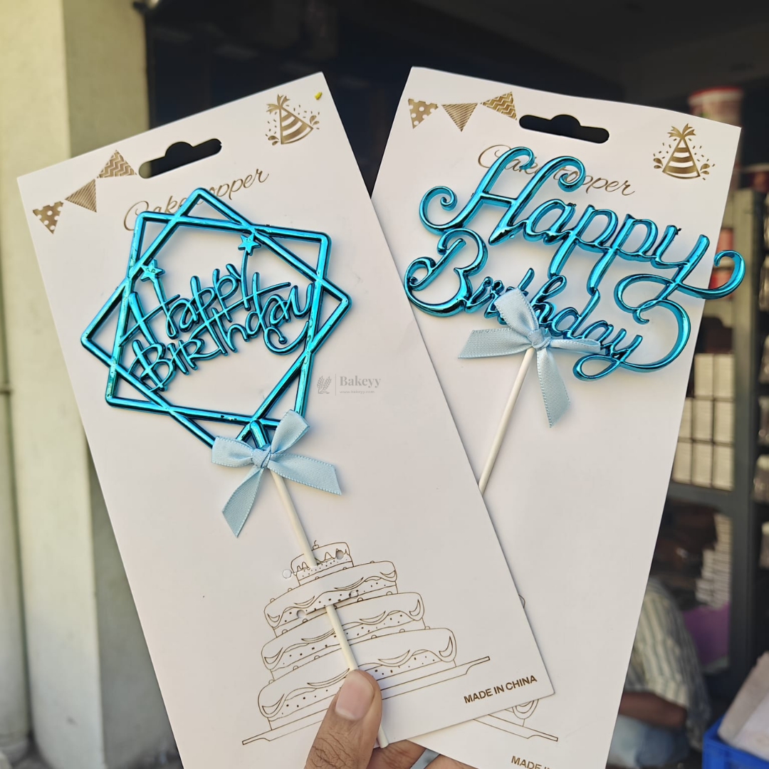 8.5 Inch | Metallic Blue Happy Birthday Cake Topper with Ribbon | Metallic Blue | 1 Piece