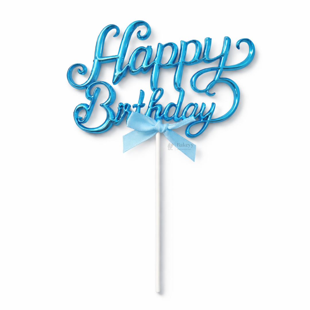 8.5 Inch | Metallic Blue Happy Birthday Cake Topper with Ribbon | Metallic Blue | 1 Piece
