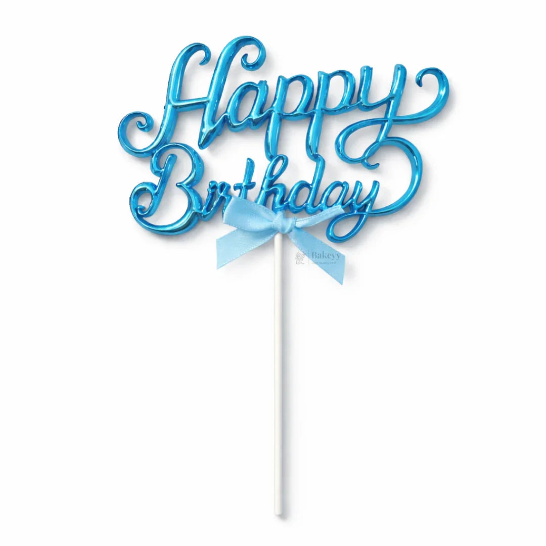 8.5 Inch | Metallic Blue Happy Birthday Cake Topper with Ribbon | Metallic Blue | 1 Piece