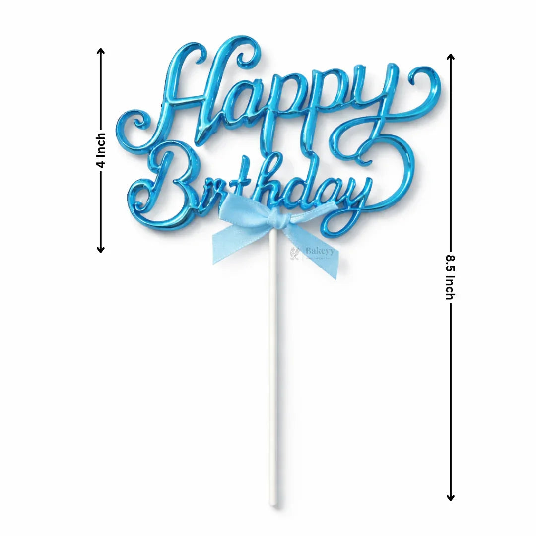 8.5 Inch | Metallic Blue Happy Birthday Cake Topper with Ribbon | Metallic Blue | 1 Piece