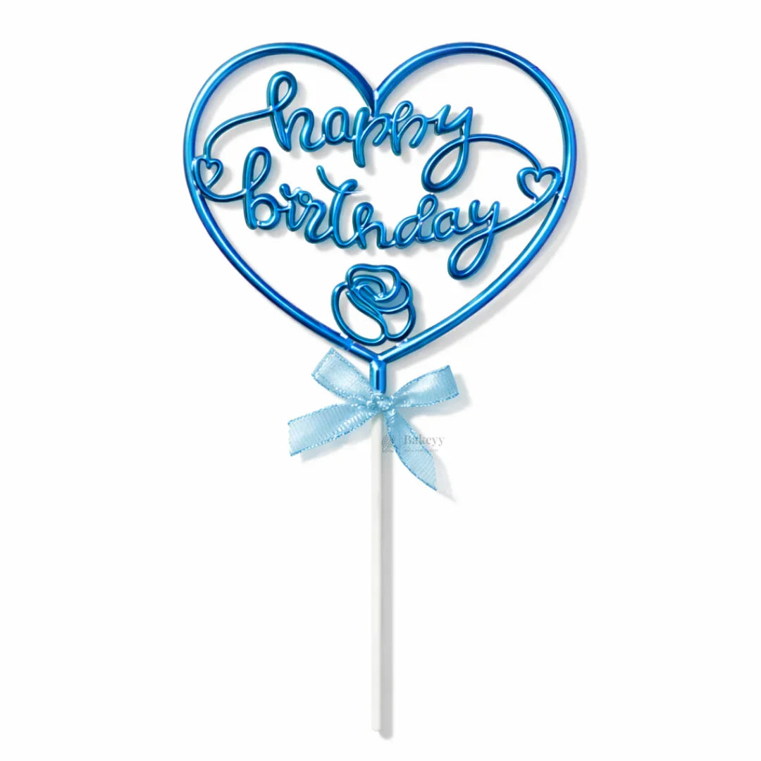 8.5 Inch | Metallic Blue Happy Birthday Cake Topper with Ribbon | Metallic Blue | 1 Piece