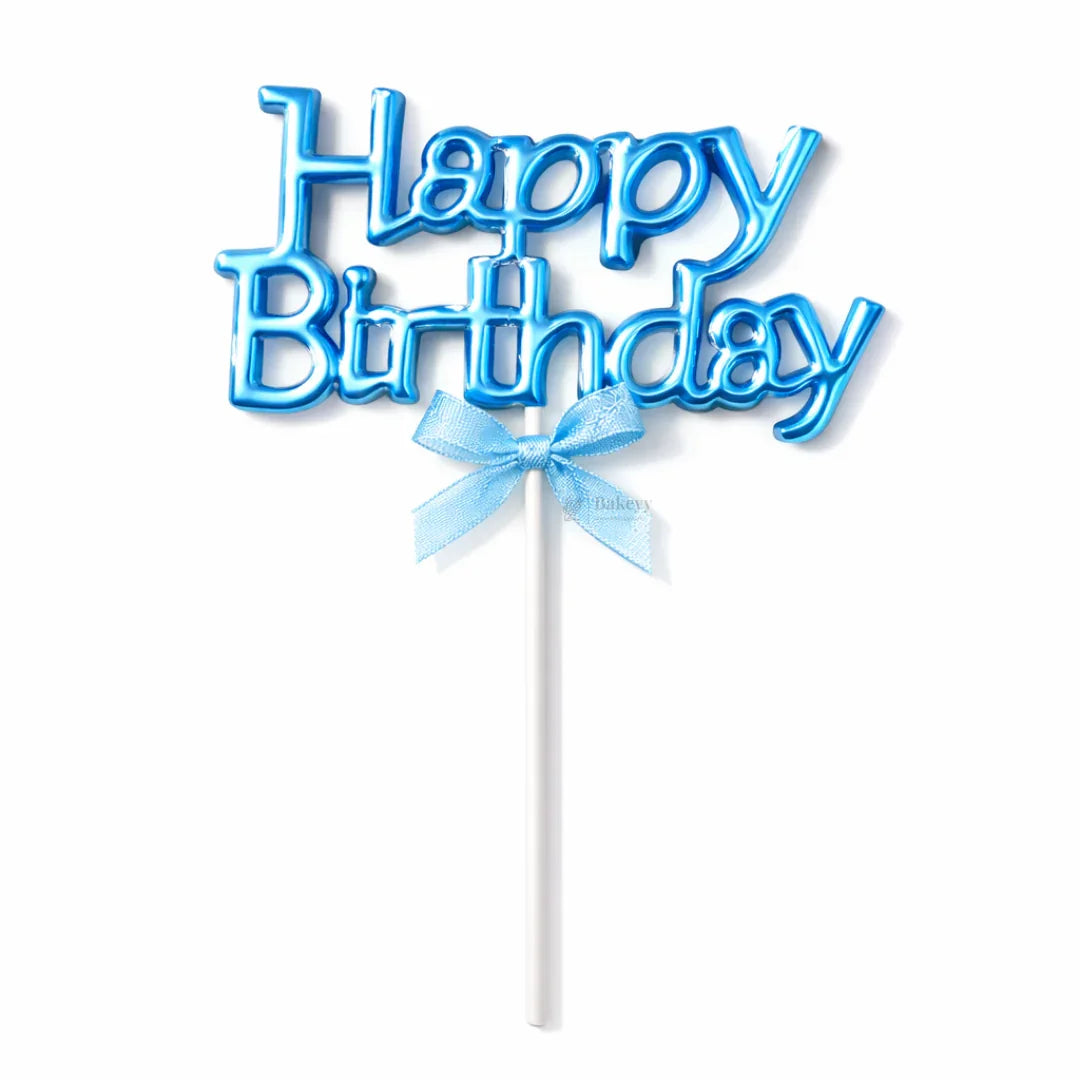 8.5 Inch | Metallic Blue Happy Birthday Cake Topper with Ribbon | Metallic Blue | 1 Piece