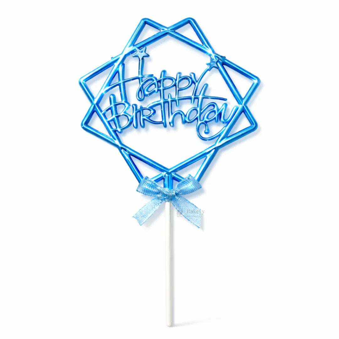 8.5 Inch | Metallic Blue Happy Birthday Cake Topper with Ribbon | Metallic Blue | 1 Piece