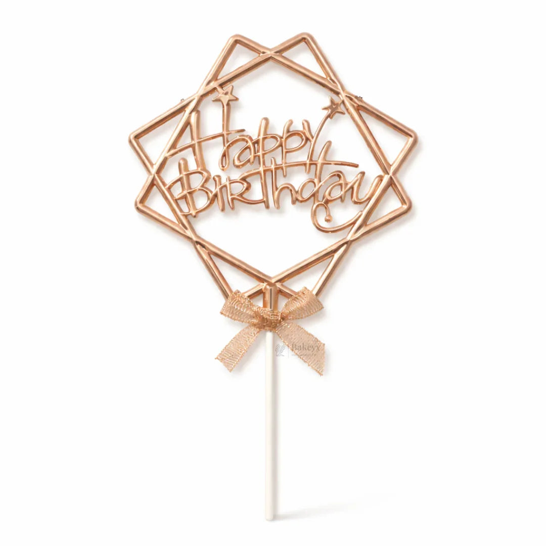 8.5 Inch | Metallic Rose Gold Happy Birthday Cake Topper with Ribbon | Metallic Rose Gold | 1 Piece