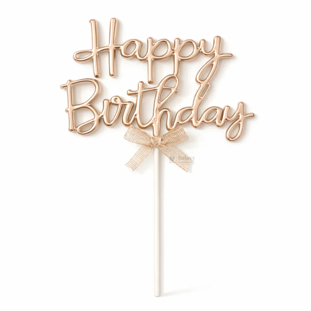 8.5 Inch | Metallic Rose Gold Happy Birthday Cake Topper with Ribbon | Metallic Rose Gold | 1 Piece