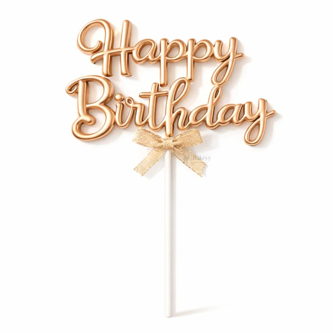 8.5 Inch | Metallic Rose Gold Happy Birthday Cake Topper with Ribbon | Metallic Rose Gold | 1 Piece