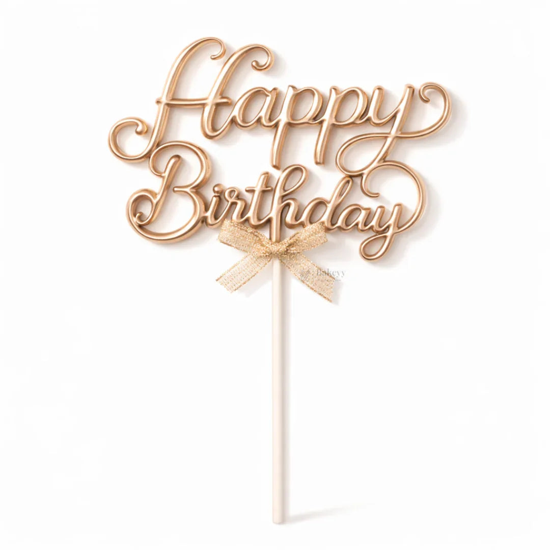 8.5 Inch | Metallic Rose Gold Happy Birthday Cake Topper with Ribbon | Metallic Rose Gold | 1 Piece