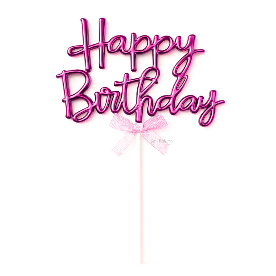 8.5 Inch | Metallic Pink Happy Birthday Cake Topper with Ribbon | Metallic Pink | 1 Piece