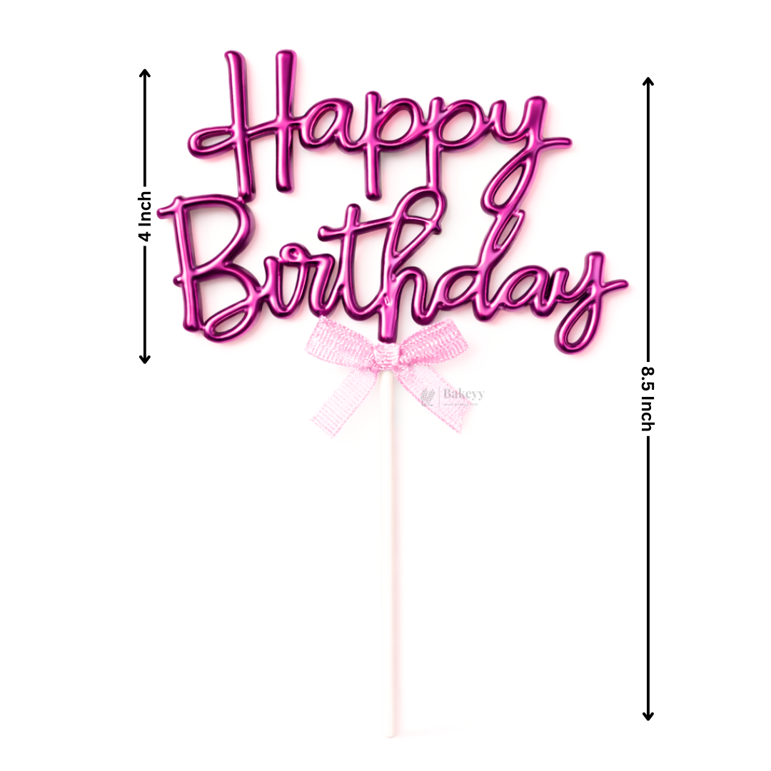 8.5 Inch | Metallic Pink Happy Birthday Cake Topper with Ribbon | Metallic Pink | 1 Piece