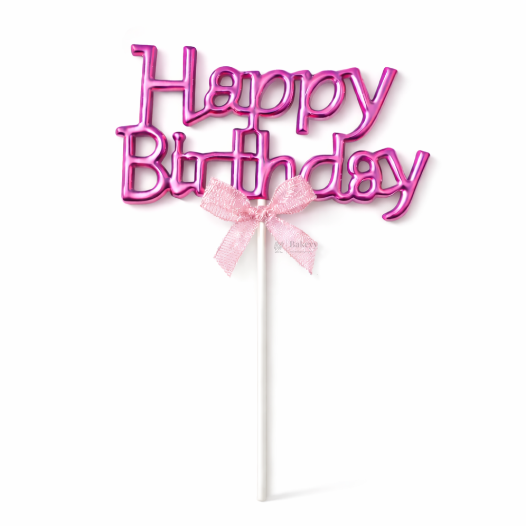 8.5 Inch | Metallic Pink Happy Birthday Cake Topper with Ribbon | Metallic Pink | 1 Piece