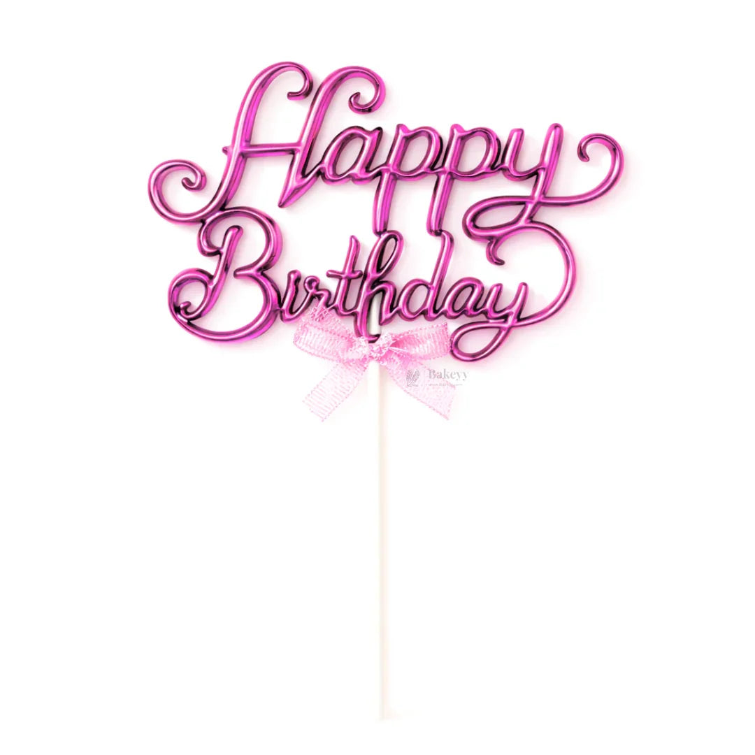 8.5 Inch | Metallic Pink Happy Birthday Cake Topper with Ribbon | Metallic Pink | 1 Piece
