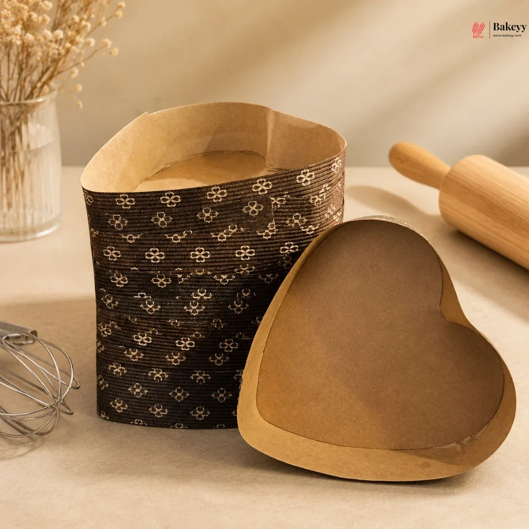 Kraft paper products including a heart-shaped container and a patterned basket on a neutral background.
